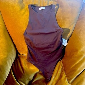 Babaton artizia contour crew neck body suit in brown